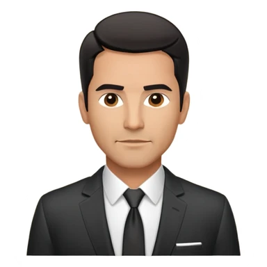 Handsome athletic Hispanic man in his late 40s with tan complexion, short black straight hair combed back with faded sides, square masculine face with defined jawline, neutral-friendly TV presenter expression, black suit jacket worn open with white button-up shirt visible sticker