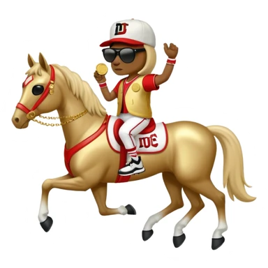 anthropomorphised horse dressed like a member of RUN DMC, hip-hop outfit, gold medal, baseball hat, sunglasses sticker