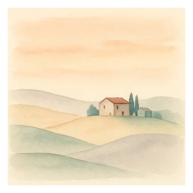 Tuscany countryside at sunset, soft orange and pink sky, gentle hills, distant farmhouse, impressionist style sticker