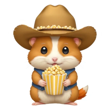 orange hamster holding pop corn, with cowboy hat sticker