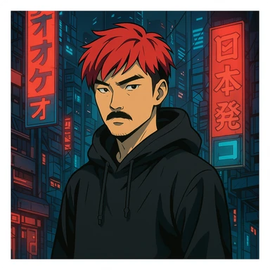 Asian man with black mustache, red hair, black hoodie, futuristic city background, Japanese cyberpunk anime style sticker