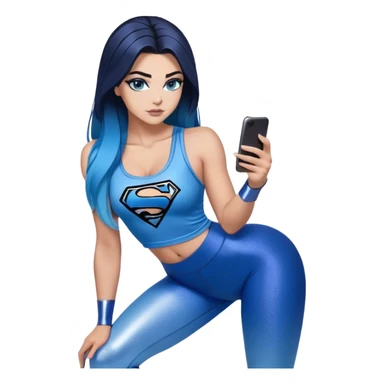 looking up at the sky-texting on phone-very very very large upper body-sexy face-bending forward at waist-very long very straight dark blue to light blue ombre hair-and-blue eyes-thick black eyeliner-thick long eyelashes-iridescent blue lowcut tanktop with black leggings with glitter superman logo sticker