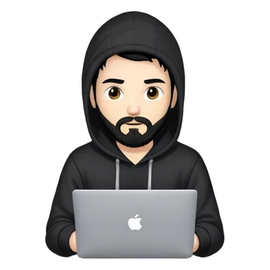 hackeur blanc cheveux noir barbe et capuche noir avec un macbook sticker