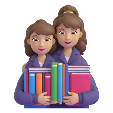 middle-aged science teacher, light brown hair in ponytail with bangs, brown eyes, smiling and holding a stack of science books sticker