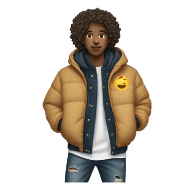 Ein Junge mit locken macht West side Hand zeichnen und trägt ein schwarzen hoodie mit einer Puffer Jacke mit einer baggy Jeans und Nike Schuhe  sticker