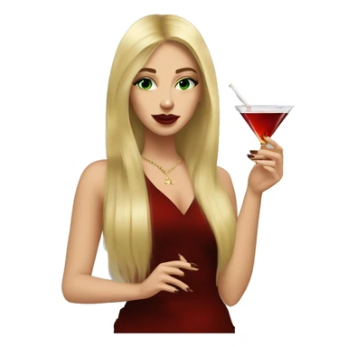white, honey blonde long hair pretty girl with green eyes, smoking a cigarette and a martini in hand, dark red nails, looking cool  sticker