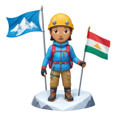 A 3D cartoon mountaineer standing on a snowy Everest-like summit with a flag, wearing colorful climbing gear, soft lighting, Memoji-style. sticker