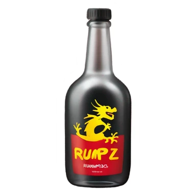 clear alcohol bottle with yellow dragon on a black and red label that says “RUMPZ”  sticker