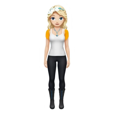 2yk Viktoria Secret Blonde Beauty model silk balayage long hair herringbone braid women with blue eyes wearing White Spaghetti top and black Leggins and Boots with heels and a Subtle rhinestone necklace  sticker