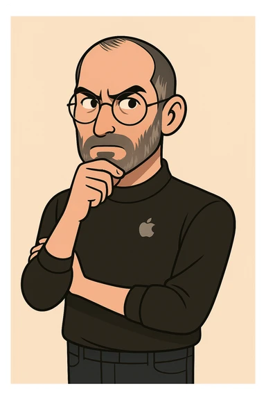 Add a subtle Apple logo to Steve Jobs' turtleneck, preserving the creative genius vibe of the image. sticker
