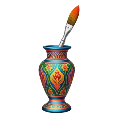Metal painting icon, fine paintbrush painting a detailed metal statuette or vase with bright, vivid colors, visible strokes and intricate patterns, no finished artwork, just the painting process, minimalistic style, clean lines, transparent background. sticker