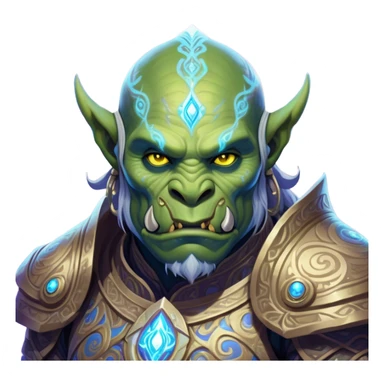 A luminescent galactic enchanted orc, his ethereal presence shimmering with otherworldly energy, each detail radiating with mystical power and ancient wisdom. The painting, a masterpiece of acrylic art, captures the orc's hauntingly beautiful visage in exquisite detail. Swirls of cosmic colors dance around him, evoking a sense of celestial wonder, while intricate patterns of glowing runes adorn his intricate armor. The image is vivid and captivating, drawing viewers into a mesmerizing realm of fantasy and magic. sticker