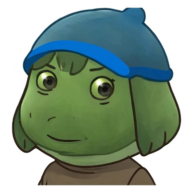 A 9-year-old girl with a bob and blue eyes with a poop hat sticker