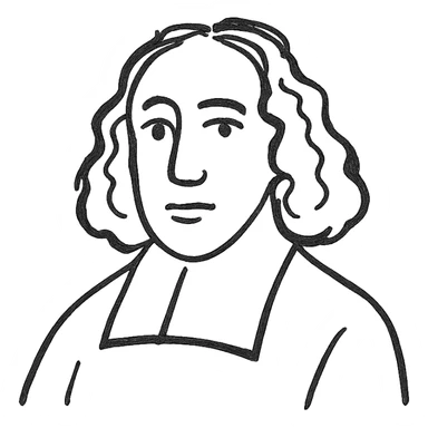 Spinoza as a black outline icon, no fill, hand-drawn look, recognizable philosopher features such as long curly hair and 17th-century collar sticker