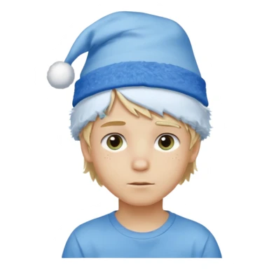 create boy blonde hair long messy, light eyes, white t shirt, rich, long hair, eyes blue, acessory head cristimas blue hat sticker