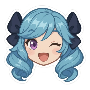 Gwen from League of Legends, happy expression, head only, right eye is purple, chibi style, open mouth smile sticker