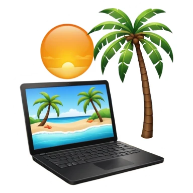 An open laptop in the foreground on the beach. Background shows sea, sun, and a palm tree. No people, no text sticker