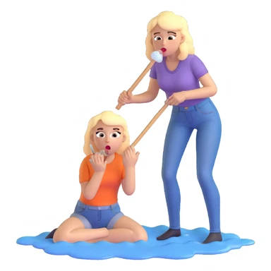 blond woman sitting on her knees with wide eyes, another man in jeans is staying (not sitting) on her left, she's holding a wide skin-colored stick with a D-shaped knob, the stick and the nob have skin texture, water squirting from the knob into her mouth, shocked face sticker