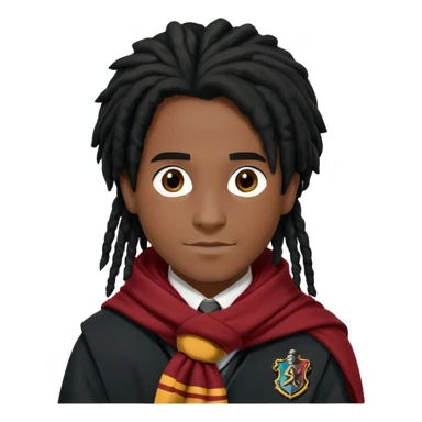 Luke Youngblood is Lee Jordan in harry potter, wear hogwarts uniform, dreadlocks black  hair, black skin,  gryfindor scarf around neck sticker
