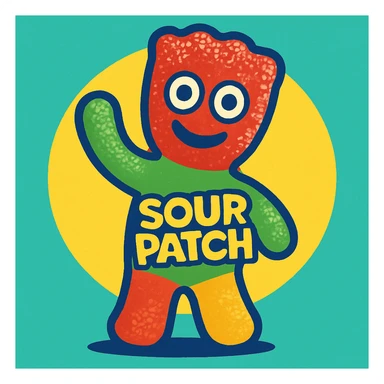 a sour patch kid mascot waving, colorful, energetic, simple background sticker