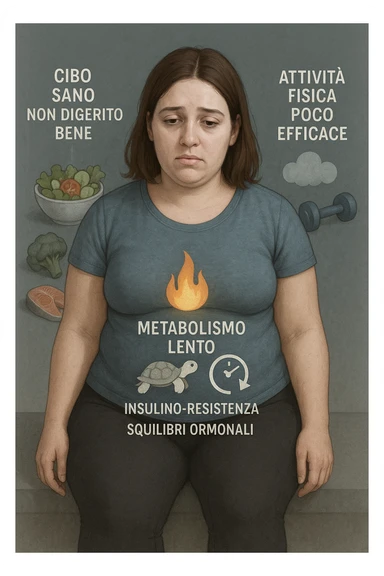 Donna tra i 25 e i 35 anni con fisico leggermente gonfio e postura affaticata, seduta con sguardo stanco. In trasparenza sul suo corpo, si vedono elementi simbolici: una fiamma metabolica molto piccola nel centro dell’addome, una tartaruga accanto a un simbolo di orologio rallentato, indicatori visivi di insulino-resistenza e squilibri ormonali. Intorno a lei: cibo sano non digerito bene, attività fisica poco efficace. Colori spenti attorno al corpo, con toni freddi e lentezza visiva. Stile realistico con elementi infografici e simbolici integrati IN ITALIANO sticker