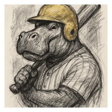 hippo holding a baseball bat, wearing a yellow helmet, pinstripes outfit sticker