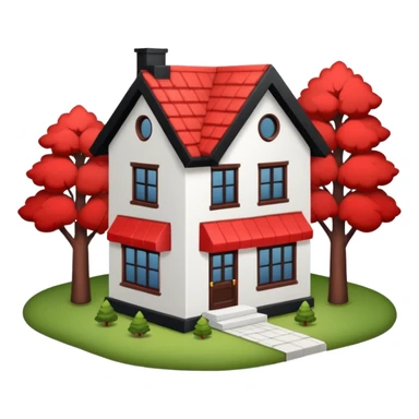 Dom parterowy z czarnym dachem i biała elewacją ze wstawkami z czerwonej cegły.Na drugim planie las. sticker