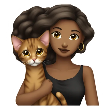 Beautiful skinny woman long dark brown hair in dark dress with gold earrings hug bengal cat sticker