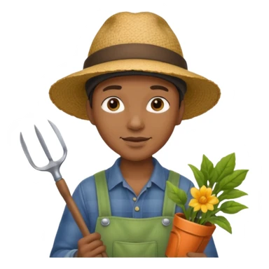 black gardener holding gardening tools, with hat sticker