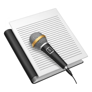 minimalist oconography design: white document with a folded top-right corner and horizontal lines, outlined in a brick pattern. At the top center of the document is an icon indicating ai. In front of the document a microphone icon sticker