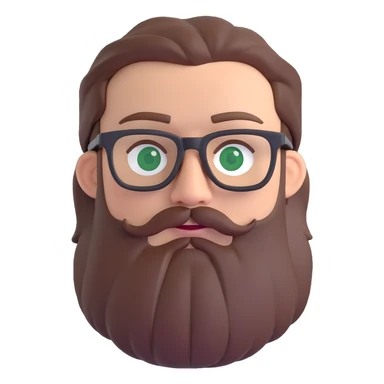 white male mid 30s green eyes black square glasses long brown beard with medium length brown hair sticker