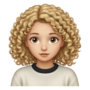 a dirty blonde girl with brown eyes and make her wearing a white sweater with curly hair and white skin color long har and big lashes sticker