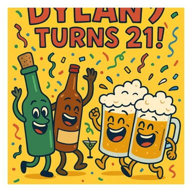 Digital birthday card for Dylan's 21st birthday with a wild party vibe, cartoon alcohol characters like dancing bottles and laughing beer mugs, headline 'Dylan Turns 21!', bright festive palette, and a humorous message about legal drinking. sticker