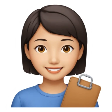 A short-haired Asian girl with a work permit sticker