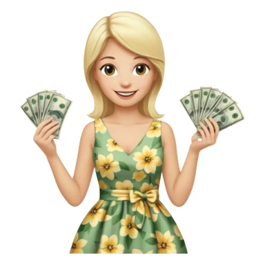 rich long straight hair blonde australian millionare woman holding a lot of money wearing cute floral dress sticker