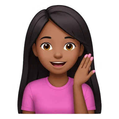 Chocolate brown girl wearing a pink shirt with long straight jet black hair giggling, she has one hand behind her back and one over her mouth  sticker