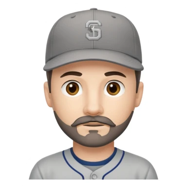 white young male with small dark brown goatee beard and moustache with grey tones wearing a grey baseball cap backwards with hazel eyes sticker