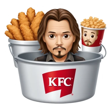 Johnny Depp sitting in a KFC bucket, long hair, goatee sticker