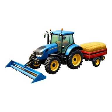 An icon representing a farming simulator, with a detailed tractor plowing fields under a bright sky with rural landscape. The design includes farming tools, crops and barns, symbolizing the immersive experience of managing a farm. Transparent background. sticker