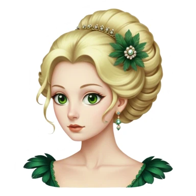 lady with Pale complexion, sharp features, high cheekbones, Blonde hair, green eyes, Regency-era elaborate updo, voluminous hairstyle, feathered ornaments sticker