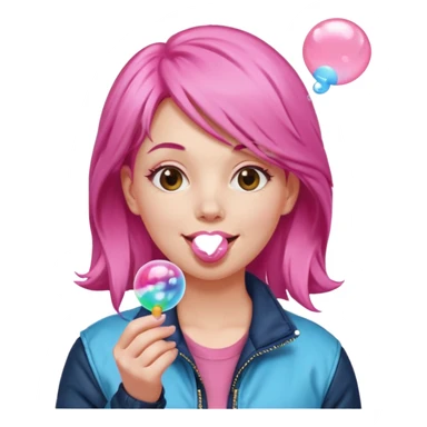 Pink-haired woman in jacket blowing bubble gum sticker