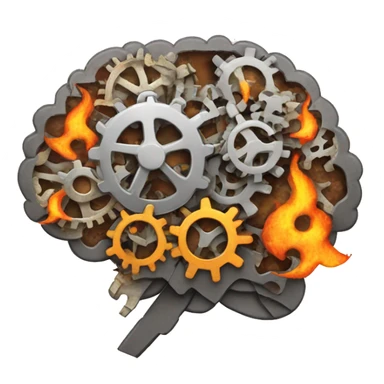A brain made out of gears with flames licking out from between the gears sticker