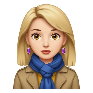 woman with slightly darker hair than original emoji, trendy jacket, scarf, statement earrings sticker