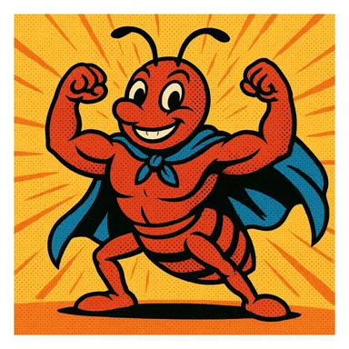 A picture of a cartoon any wearing a superhero cape and flexing its muscles sticker
