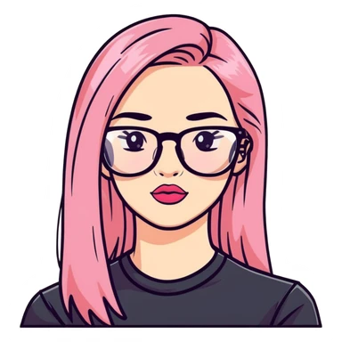 A teenage girl taking a selfie in a school bathroom. She has long, straight blonde and pink-dyed hair, wears rectangular glasses and a black shirt. Her expression is neutral with glossy lips sticker