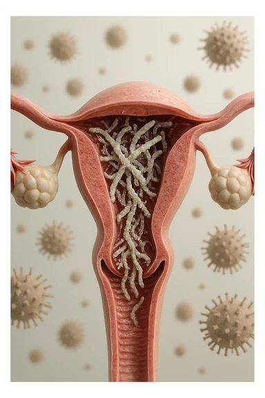 corpo umano anatomico con batteri come la candida nell'utero, sfondo neutro chiaro, iperrealistico 4k sticker