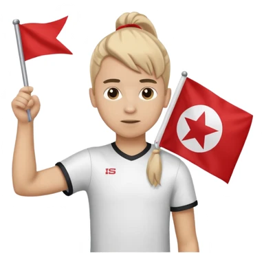 A pony tail hair boy holding a big team flag, waving it proudly with a determined expression. sticker