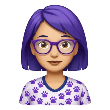 50-year-old woman with hair that is navy blue, purple glasses, and brown eyes, in a shirt with small pawprints all over it. sticker