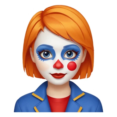 Orange short hair.

White face paint with blue eye makeup and a red nose.

Bright smile with red lips.

Wearing a red jacket over a yellow shirt. sticker