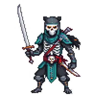 pixel art ninja skeleton wielding swords, accompanied by a fierce black wolf sticker